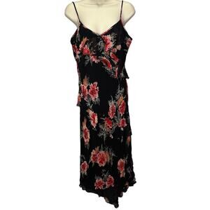 Vintage American Angel Maxi Slip Dress Size M Black Red Floral Sheer Overlay Y2K